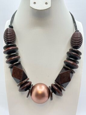 Chunky Wood Bead Necklace Brown Statement Boho Tribal Adjustable Cord